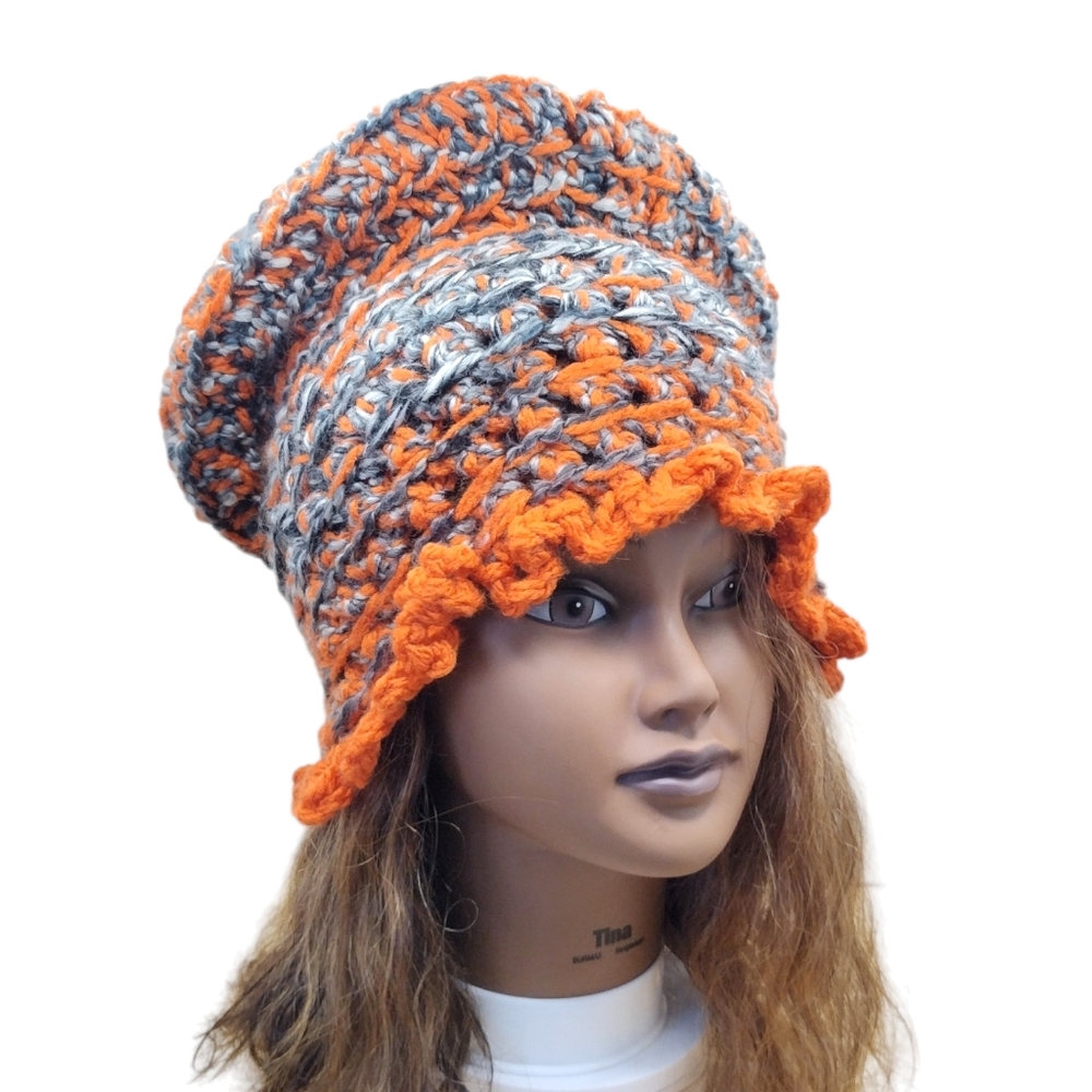 Bohemian Slouchy warm knit ruffle women's hat colorful orange gray